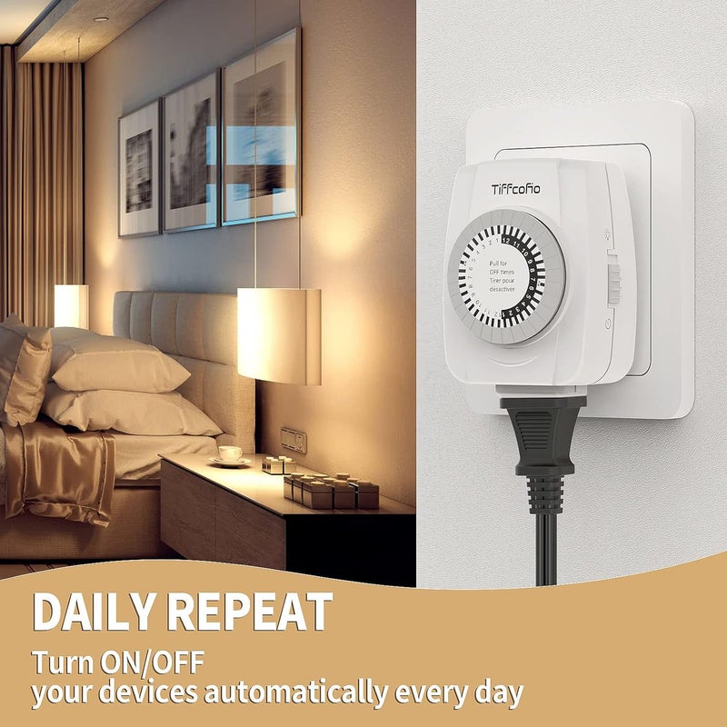 Tiffcofio Indoor Mechanical Timers for Electrical Outlets, 2 Prong Plug in Outlet Daily Repeating Light Timer for Indoor Lights, ETL Listed (2 Pack) - Image 3